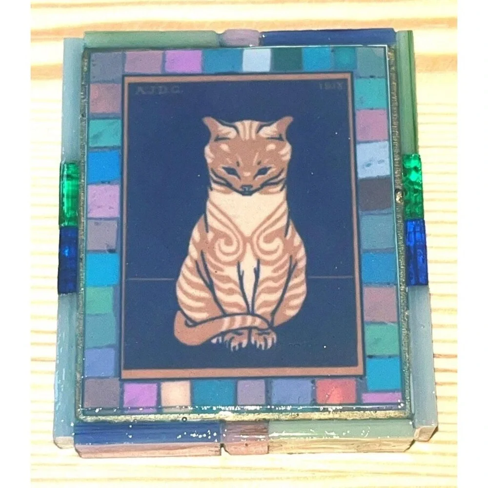 Vintage Cat Magnet Stained Glass Mosaic Border Cat Print on Wood Cat Lover Gift